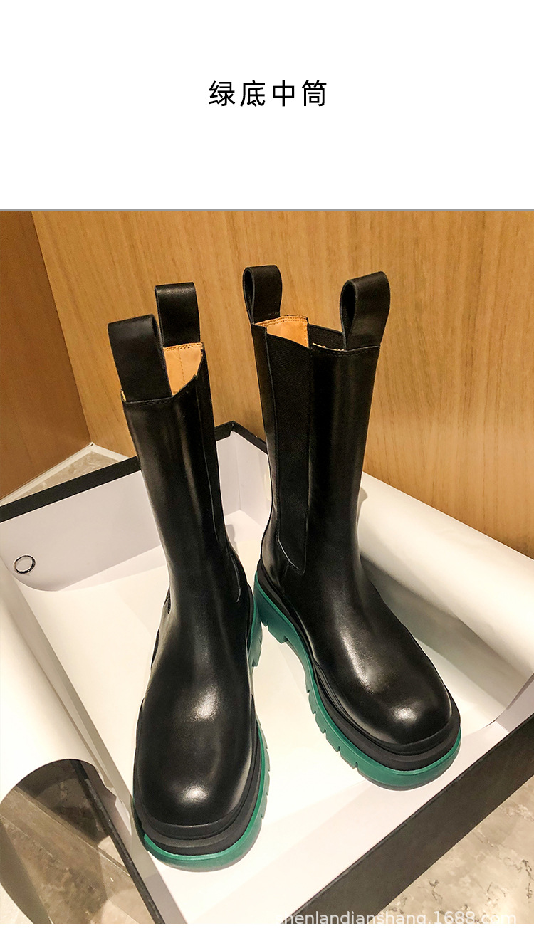 全牛皮~kodibv切尔西烟筒短靴中筒真皮厚底英伦风马丁靴春秋单靴