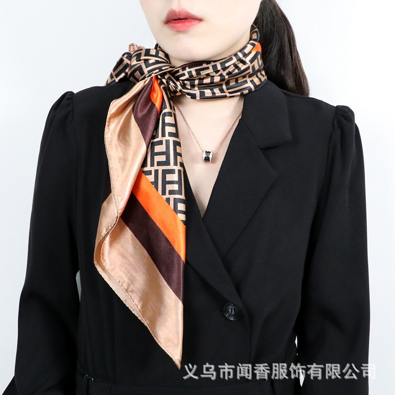 Spring New Women's Fashionable All-Match 90 Square Scarf Letter Printed Satin Scarf Windproof Neck Scarf Small Shawl