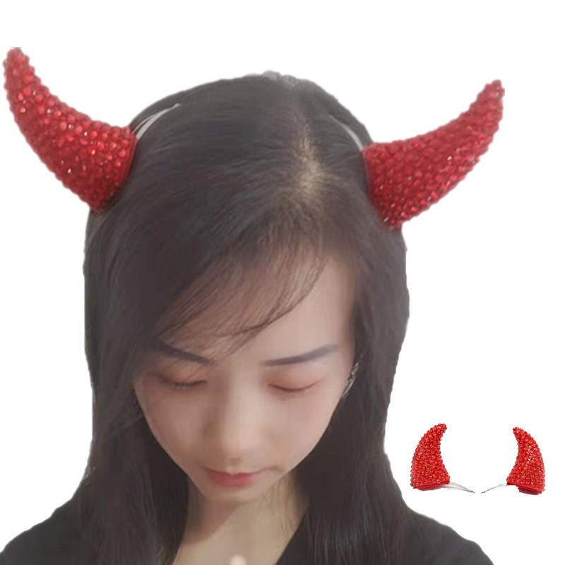 万圣节镶钻红色牛角发夹创意恶魔发夹可爱发饰卖萌款舞台表演装扮