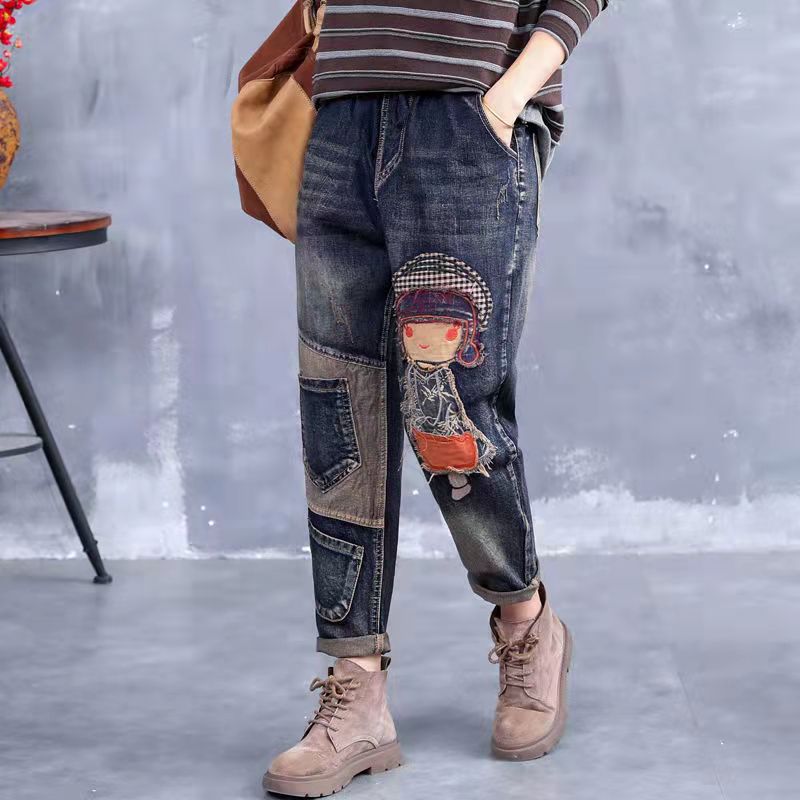 Export Foreign Trade Jeans Women Loose 2022 Spring New Elastic Waist Casual plus Size Paste Cloth Embroidery Harem Pants