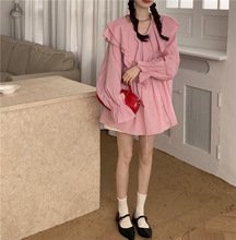 春夏新款韩系仙女设计感小众荷叶边领系带宽松娃娃衫甜美雪纺衬衣