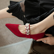 法式复古珍珠一字带单鞋女矮跟粗跟玛丽珍女鞋水钻尖头浅口平底鞋