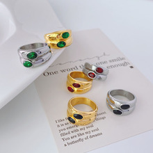 欧美速卖通热销钛钢戒指女时尚锆石复古祖母绿气质18k金色潮指环