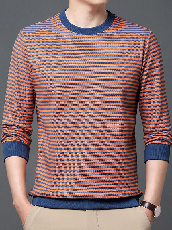 Huisheng Men's Autumn Men's round Neck Horizontal Striped Cotton Long-Sleeved T-shirt Men's Korean Style Fashion Brand Sweater Base Shirt Men's