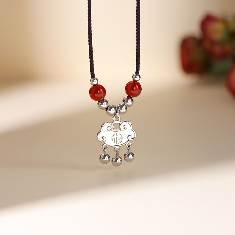 s999足银平安锁项链女轻奢国潮小众长命锁2024本命龙年锁骨链礼物