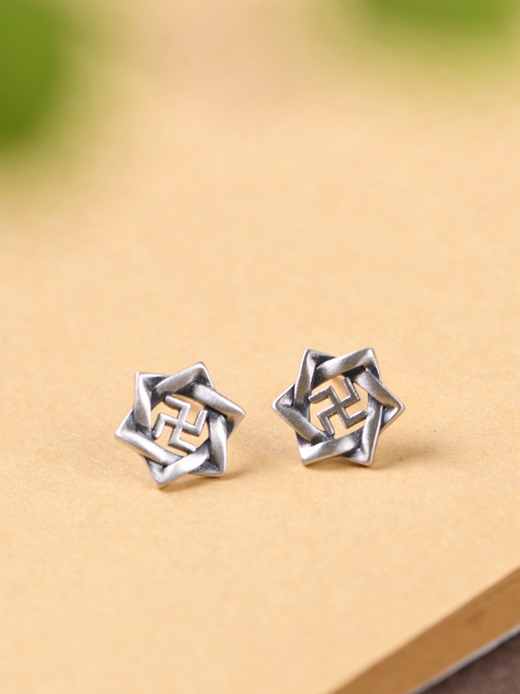 金鹿王 s925银耳钉 小巧复古设计感万字六星银饰耳饰女款耳饰礼物