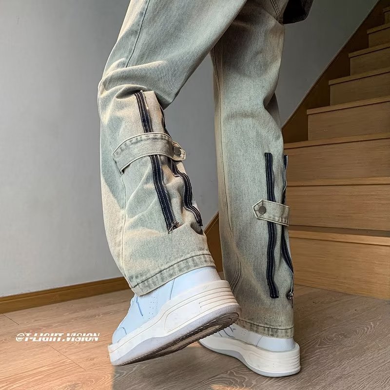 Harajuku Trendy Youth Popularity Trousers Mid-Waist New Men's Fitted Straight Summer Trendy Washed Lazy Jeans
