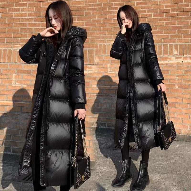 【现货】2024年新亮面黑色羽绒棉服长款过膝加厚韩版宽松棉衣外套
