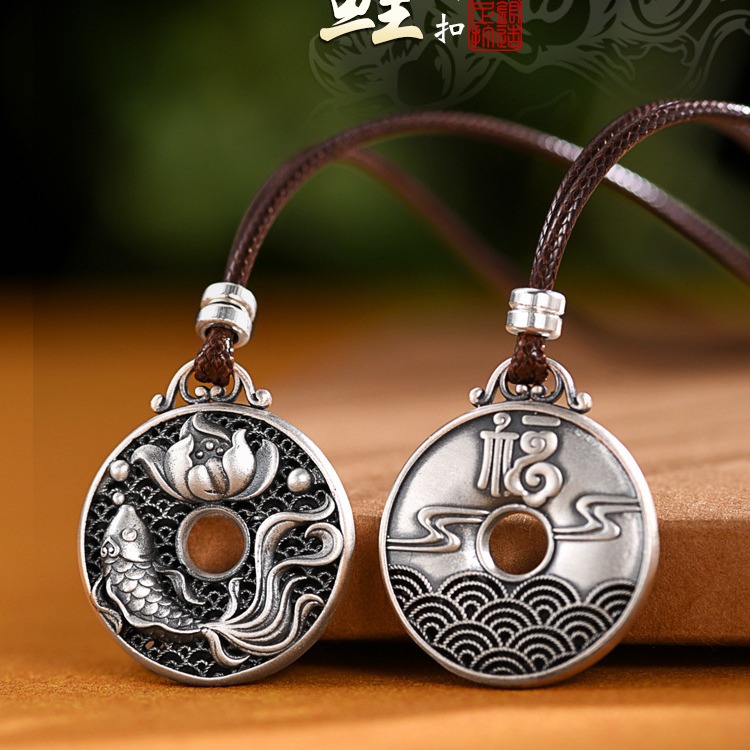 精品999纯银锦鲤平安扣吊坠男女款高级感配饰复古风项链银饰挂件