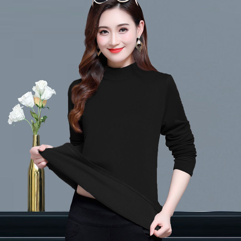 双面德绒打底衫女半高领秋冬加绒内搭保暖上衣加肥加大码长袖t恤