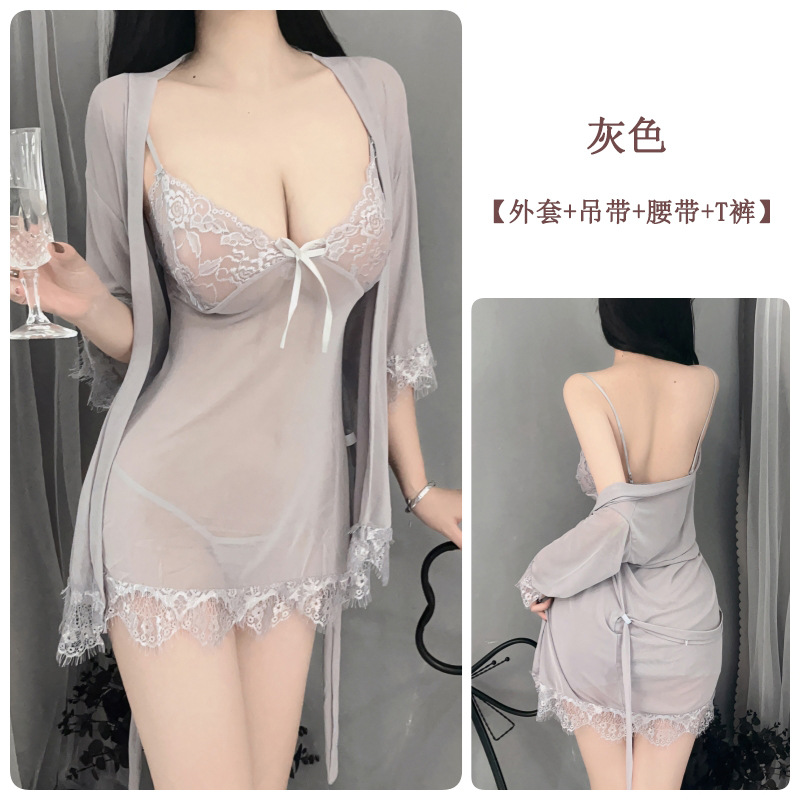 plus Size Sexy Lingerie Deep V Strap Night Skirt Suit Sexy Transparent Pajamas Uniform Temptation Three-Piece Set Wholesale