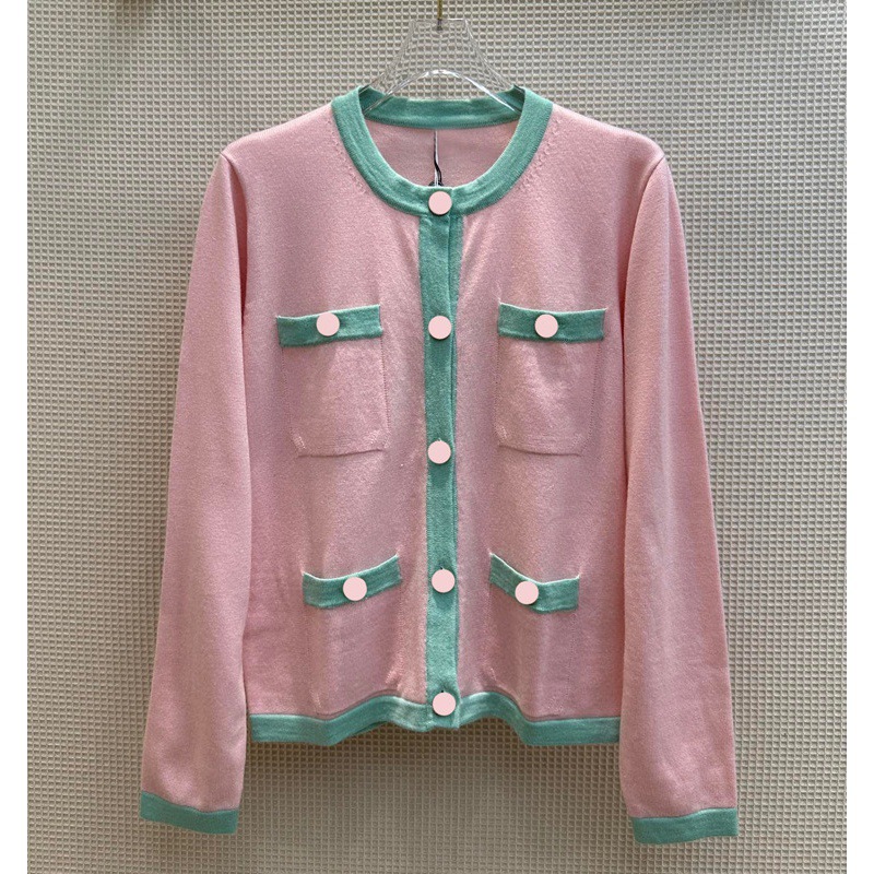 米兰站精品女装韩系甜美温柔气质风百搭拼色撞色针织开衫外套