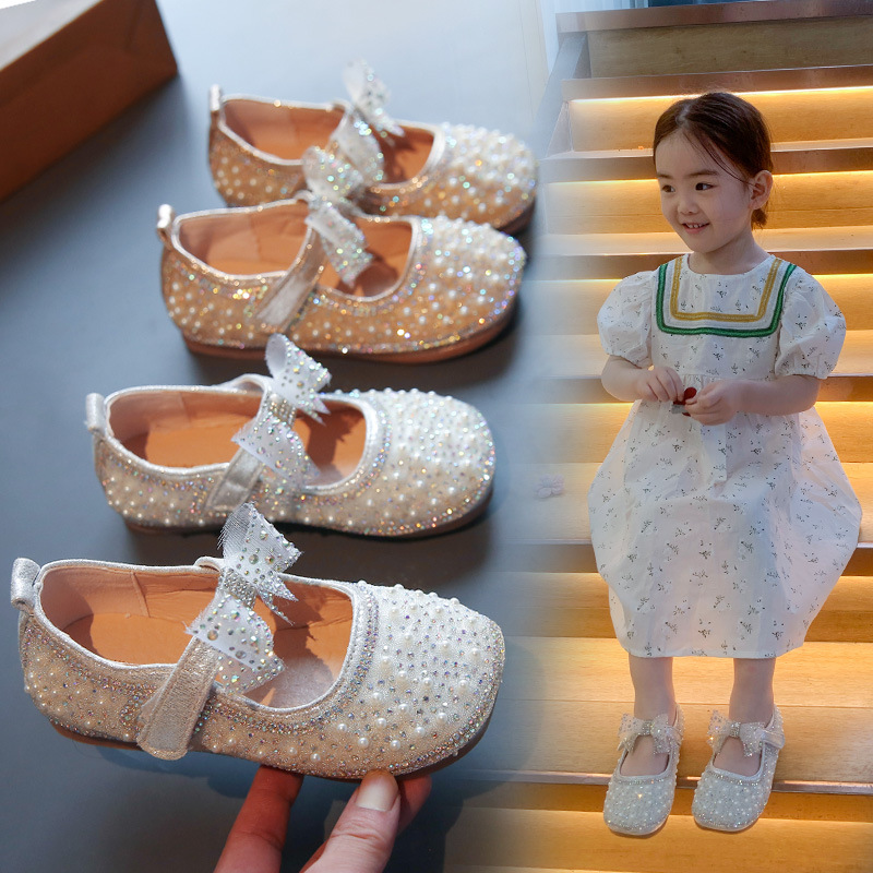 girl‘s nude shoes 2024 spring new fashion rhinestone pearl little girl cute bow princess little leather shoes trendy