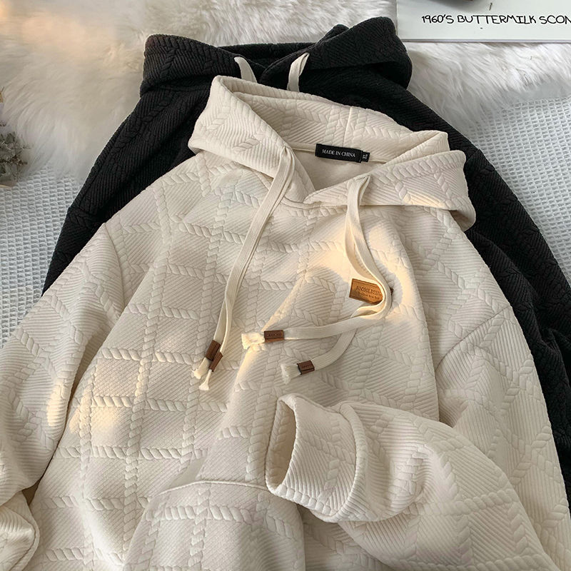 日系华夫格卫衣男冬季新款加厚大码上衣oversize潮牌连帽外套男潮