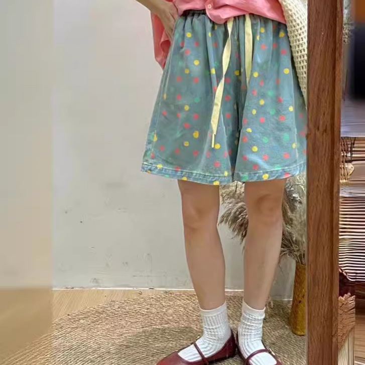 日系复古减龄宽松大版彩色波点柔软牛仔短裤五分裤女夏-阿里巴巴