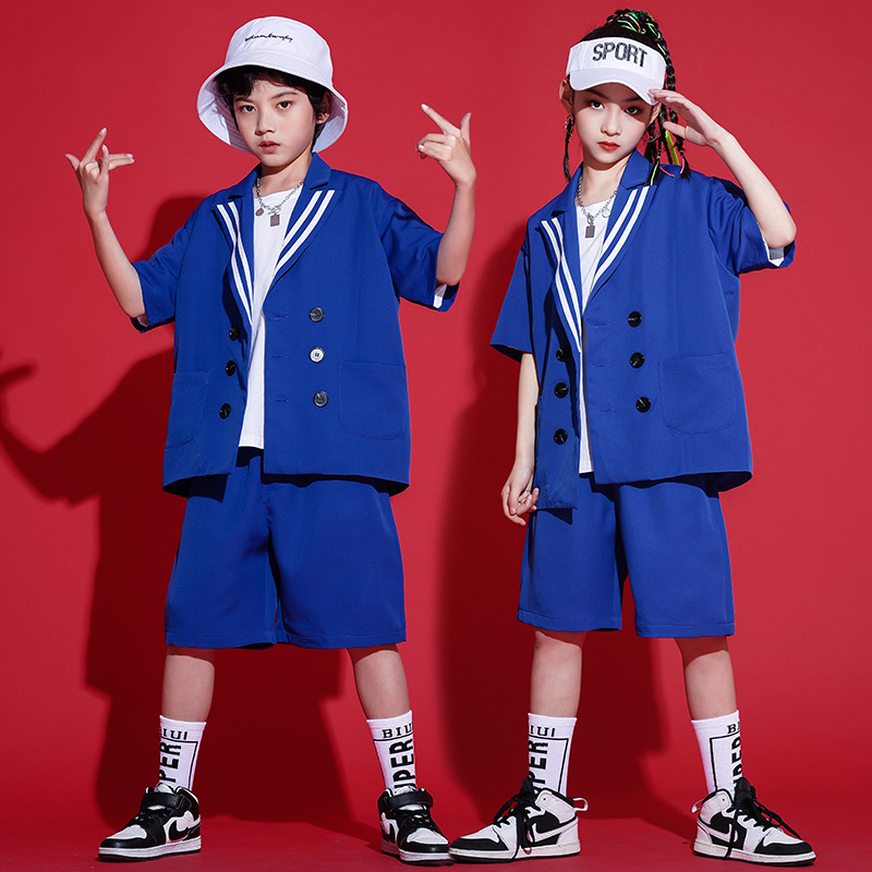 少儿童街舞套装男童帅酷夏嘻哈蓝西装潮女童走秀hiphop爵士演出服