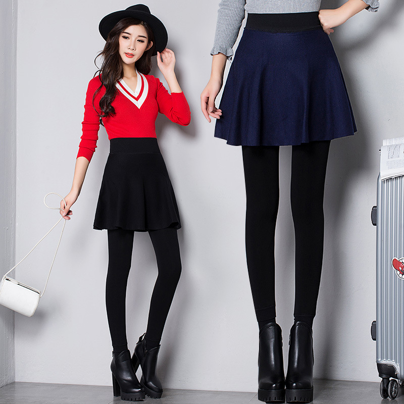 裤裙女秋冬假两件潮一体加绒加厚短款高腰带裙子的裤子外穿打底裤