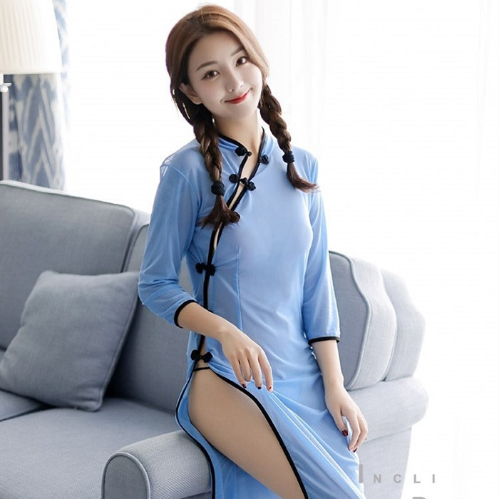 Plus Size Plump Girls Sexy Lingerie Women's Clothing See-through Side Fork Uniform Republic of China Style Student Clothes Sexy Cheongsam Nightdress Delivery