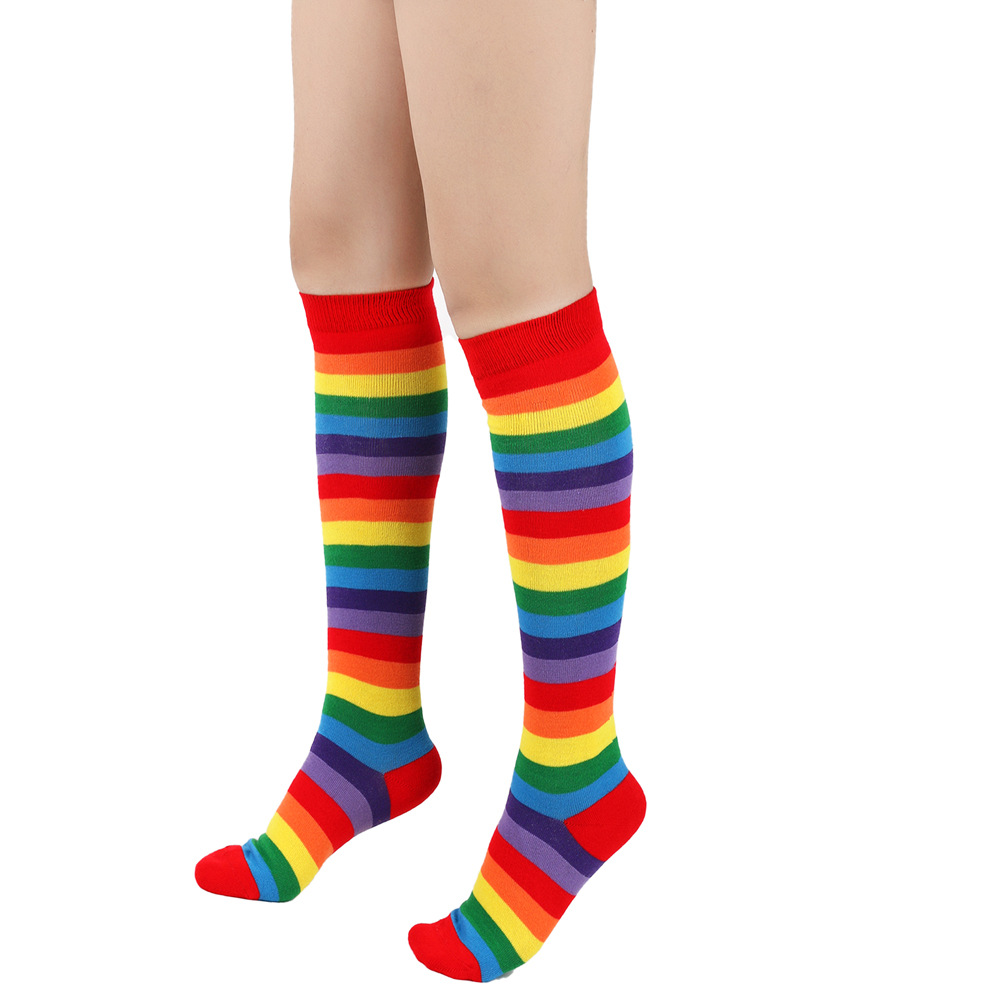 Cross-Border Rainbow Striped Mid-Calf Length Socks Women's Knee Length Socks below the Knee Cotton Socks Copsplay Performance Socks Party Calf Socks