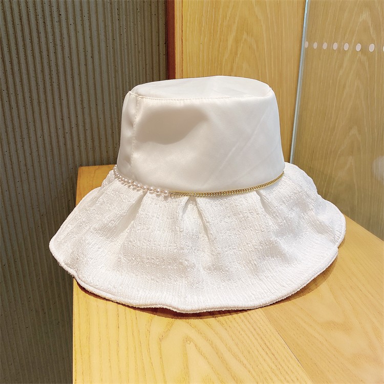 韩国天然珍珠绸缎渔夫帽子女网纱大檐可折叠出游户外防晒遮阳盆帽