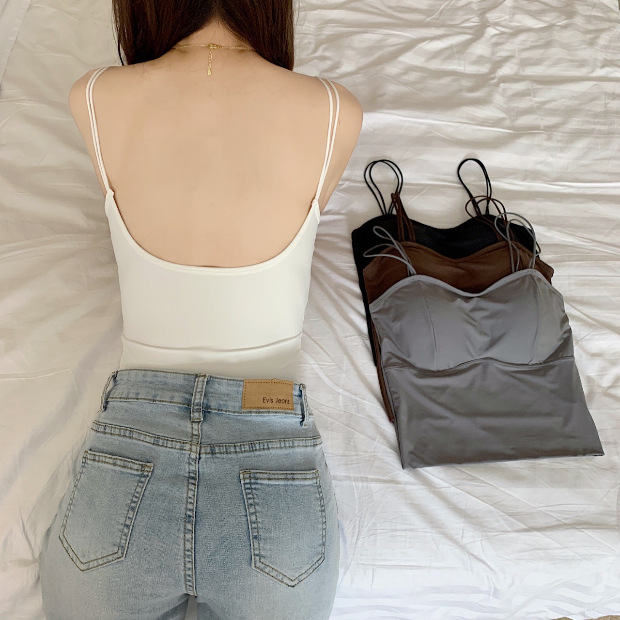 2021夏季新品冰丝吊带背心女打底带胸垫大u背露背装长款裹胸内衣