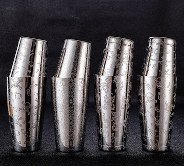 304不锈钢刻花波士顿花式调酒器摇酒壶雪克壶shaker外贸跨境