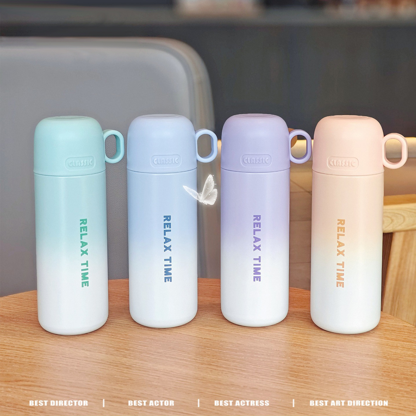 new simple water cup gradient color dual-use vacuum cup with lid portable student high-looking couple stainless steel cup