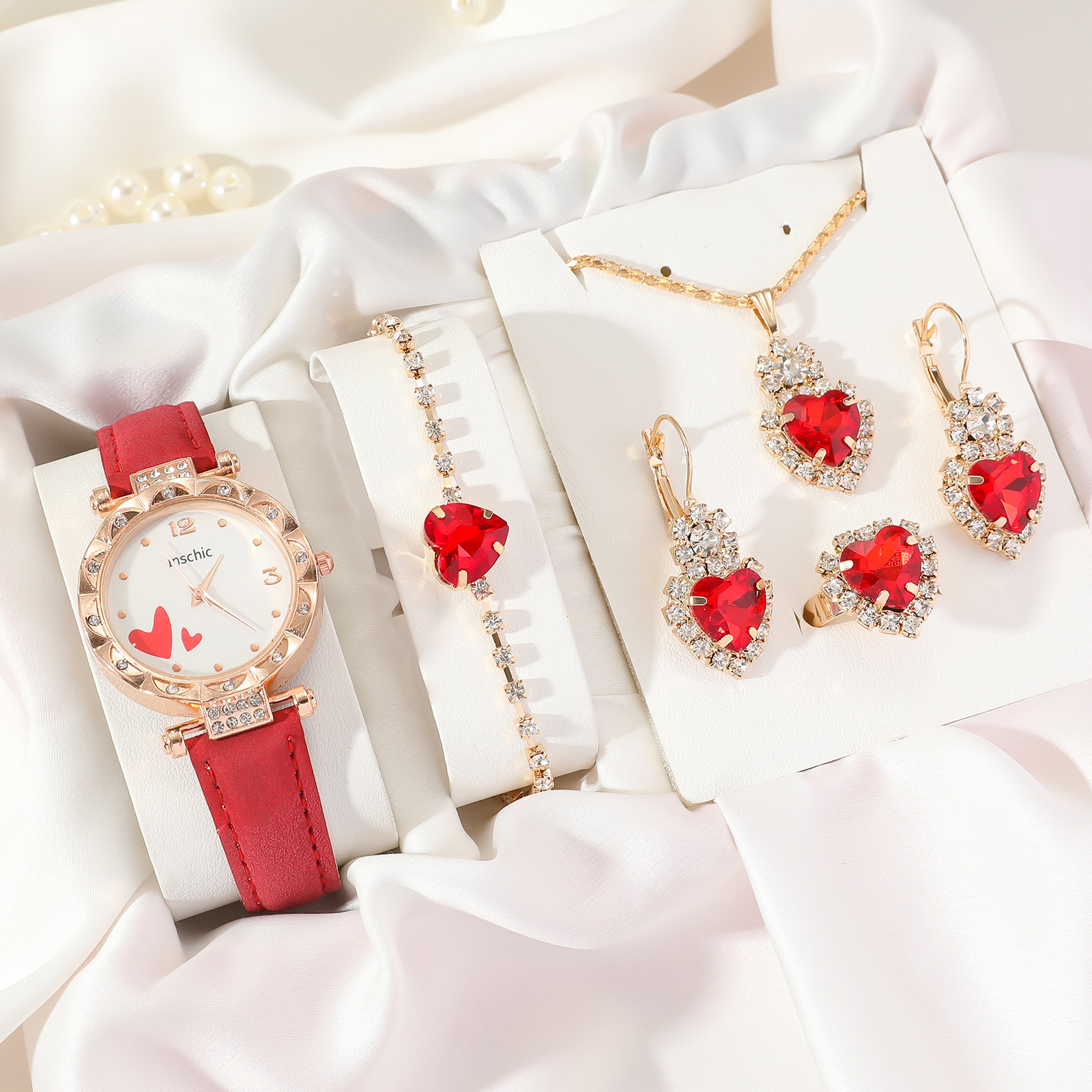 5pcs/Set Advanced Light Luxury Diamond Belt Quartz Watch Love Gem Necklace Ornament Set