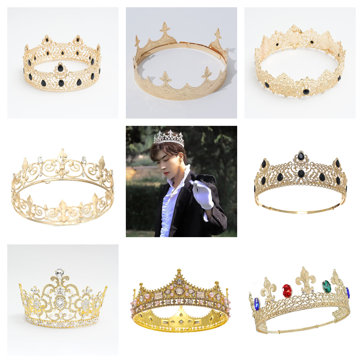 厂家跨境外贸王冠男士女王通用发饰头冠演出头饰国王王子复古皇冠