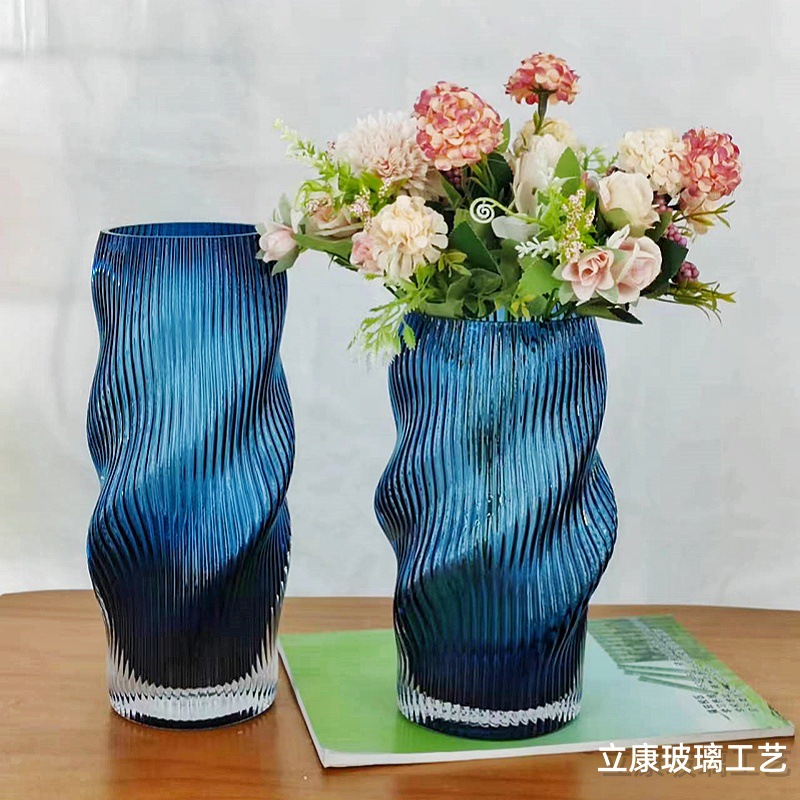 Light Luxury New Pattern Vertical Bar Colored Glass Vase Water-Raising Flowers Rose Home Hotel Dining Table Flower Arrangement Decoration