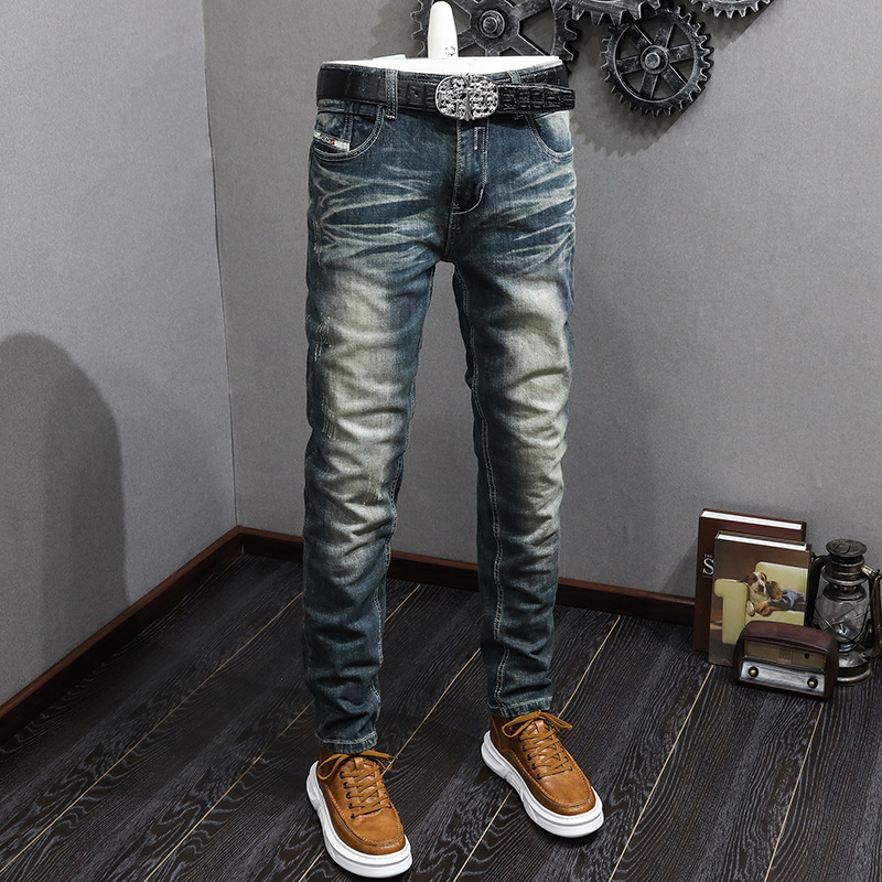   Foreign Trade Jeans Men's Stretch Slim Trousers Urban Fashion Brand All-Matching Pants Teenagers European and American Style Retro Denim