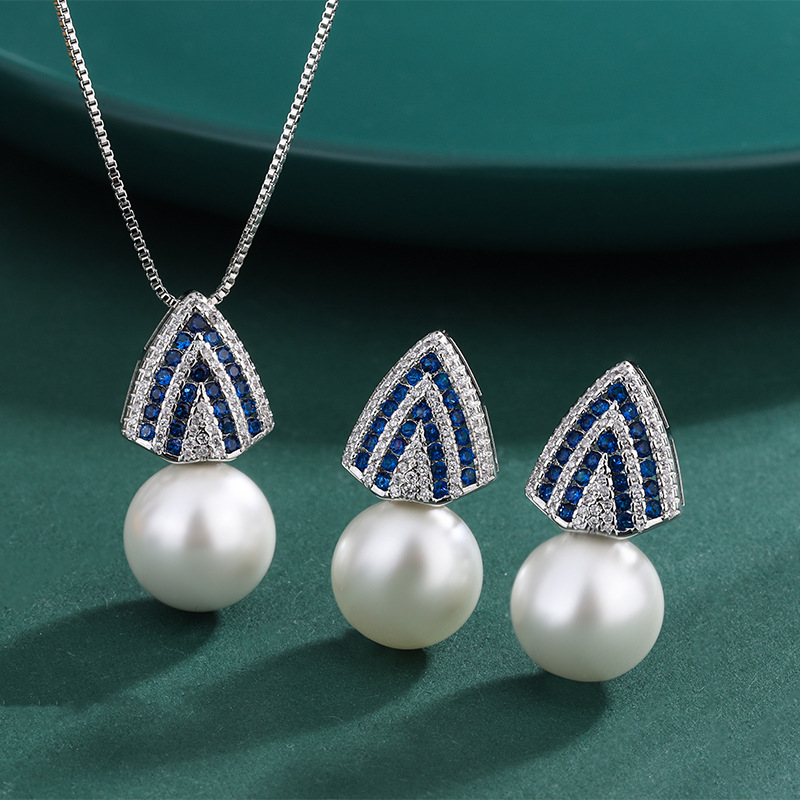铜镀真金澳洲贝母珍珠项链耳钉女微镶蓝钻锆石白珍珠吊坠首饰套装