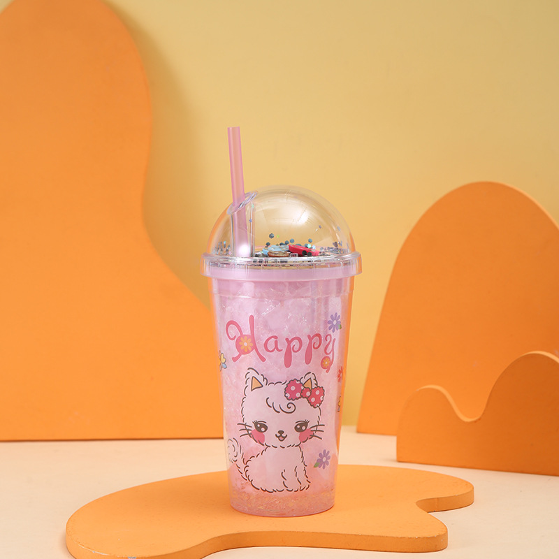 Summer Creative Cartoon Pattern Crushed Ice Cup Cute Design Cup with Straw Portable Double Layer Plastic Drink Cup Wholesale