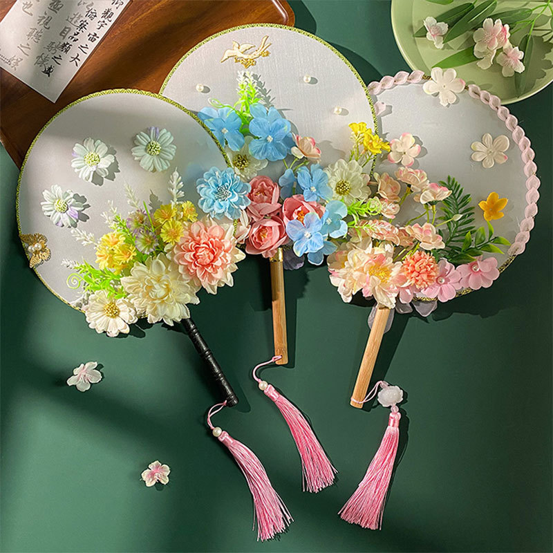 儿童古风团扇小女孩中国风女童刺绣扇子簪花汉服花朵流苏表演圆扇