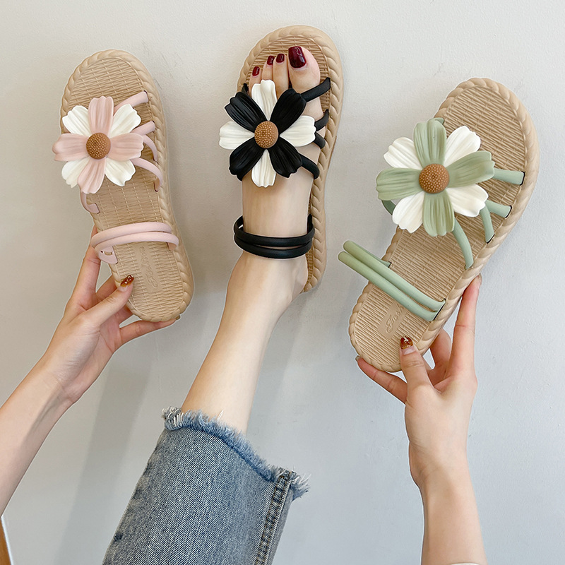 Women's Summer New Roman Style Fashionable Outdoor Flat Soft Bottom Indoor Flower Flip-Flops Women's Beach Wholesale