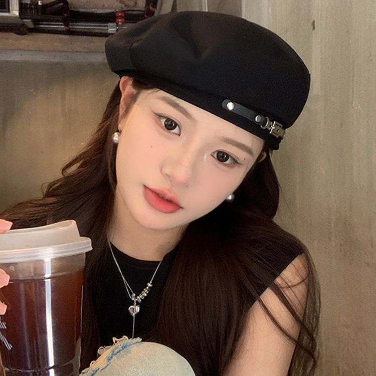 夏季薄款皮扣设计贝雷帽女款韩版百搭小众复古英伦大头围蓓蕾帽子