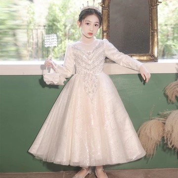 香槟色高端儿童晚礼服轻奢小众秋冬款十岁女孩生日公主裙钢琴比赛