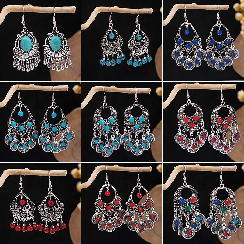 European and American Bohemian Tassel Turquoise Earrings Retro Minority Ethnic Style Earrings Personalized Temperament Earrings Wholesale