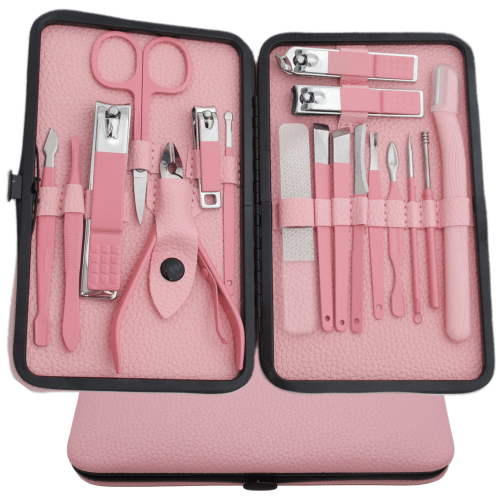 Manicure Set 18-Piece Cherry Blossom Powder Stainless Steel Nail Clippers Pruning Nail Beauty Tools Bent Nose Plier Pedicure Knife Scissors