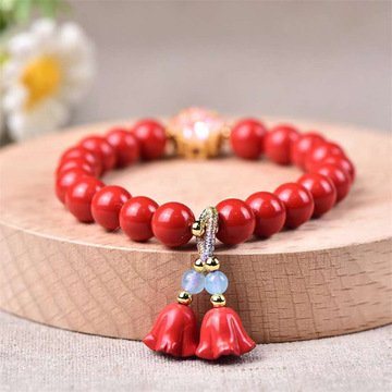 天然高含量红砂单圈蓝铃花手链红色朱砂男女款手串辰砂8mm四叶草