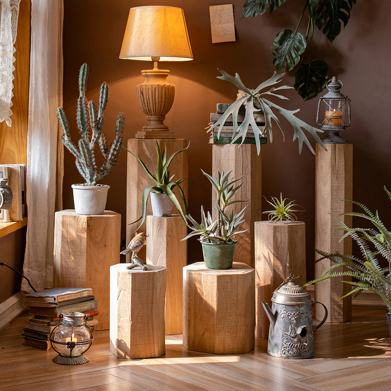 可代发实木几何柱子自然北欧装饰摆件花架边几设计师民宿展厅展示