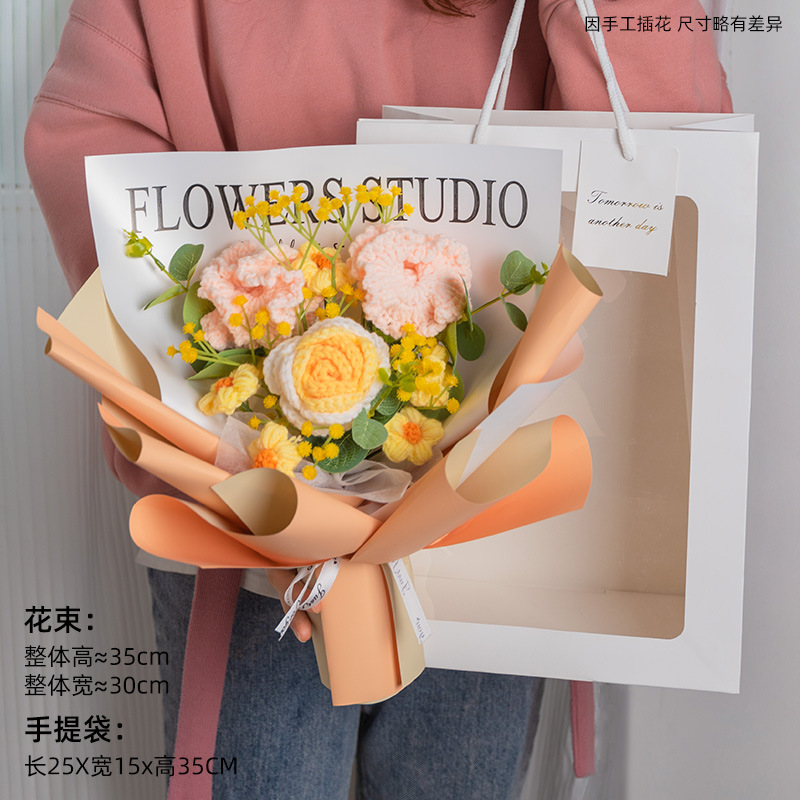 Carnation Wool Bouquet Mother's Day Hand-Woven Rose Preserved Fresh Flower Dried Flower Gift for Mother Finished Product Wholesale