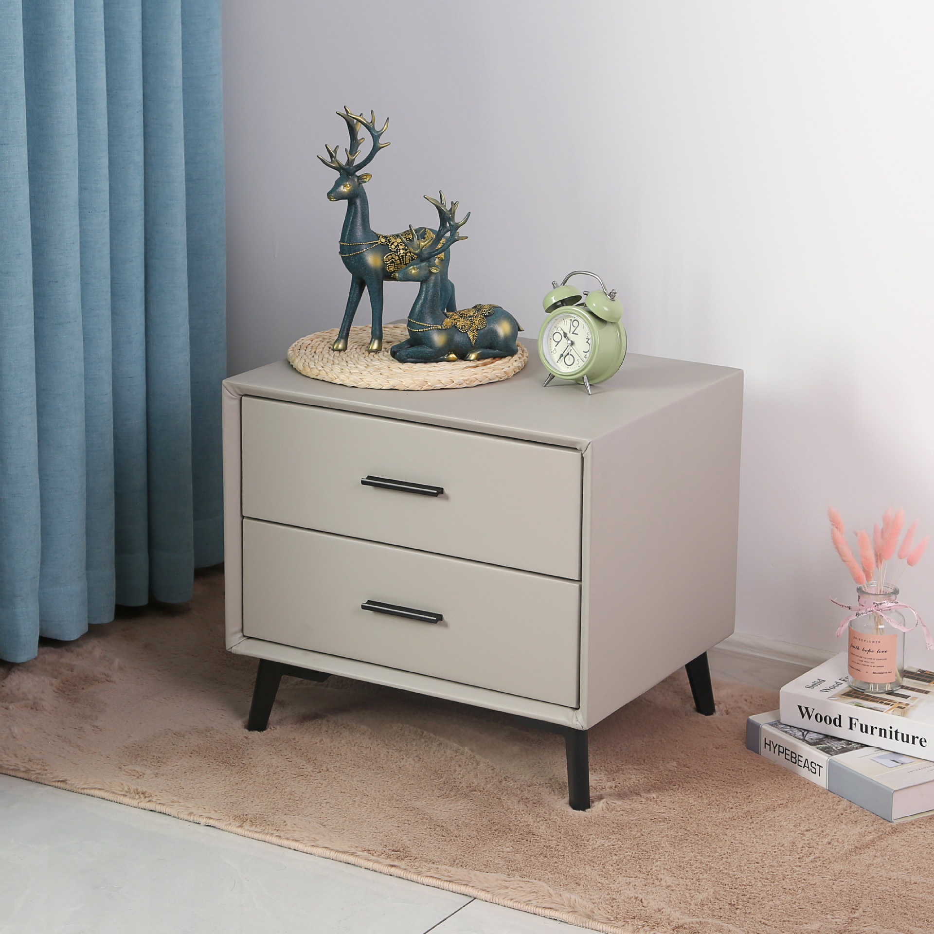 北欧床头柜实木现代简约轻奢科技布卧室皮质软包窄岩板小型床边柜