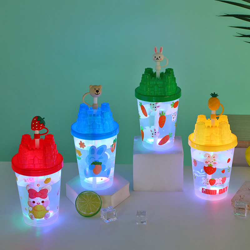 Cartoon Cute Baby Cup with Straw Luminous Children's Drinking Cup PP Straw Good-looking Water Cup Student Plastic Cup