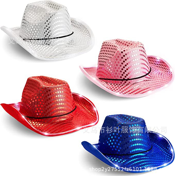 Silver Pink with Light Sequins Cowboy Hat Western Cowboy with Light Color Cowboy Hat Composite Eva Belt Lamp Cap