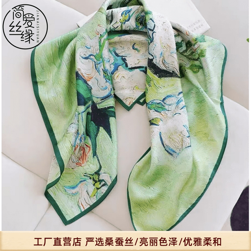 light green silk scarf women‘s autumn mulberry silk oil painting series small square towel scarf business shirt matching scarf