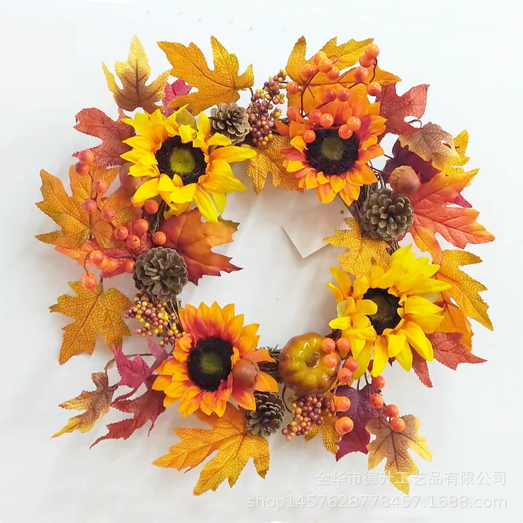 DSEN Manufacturers Supply Thanksgiving Harvest Halloween Supply Autumn Maple Leaf Pumpkin Vine Ring Real Rattan Garland with Lights DIY