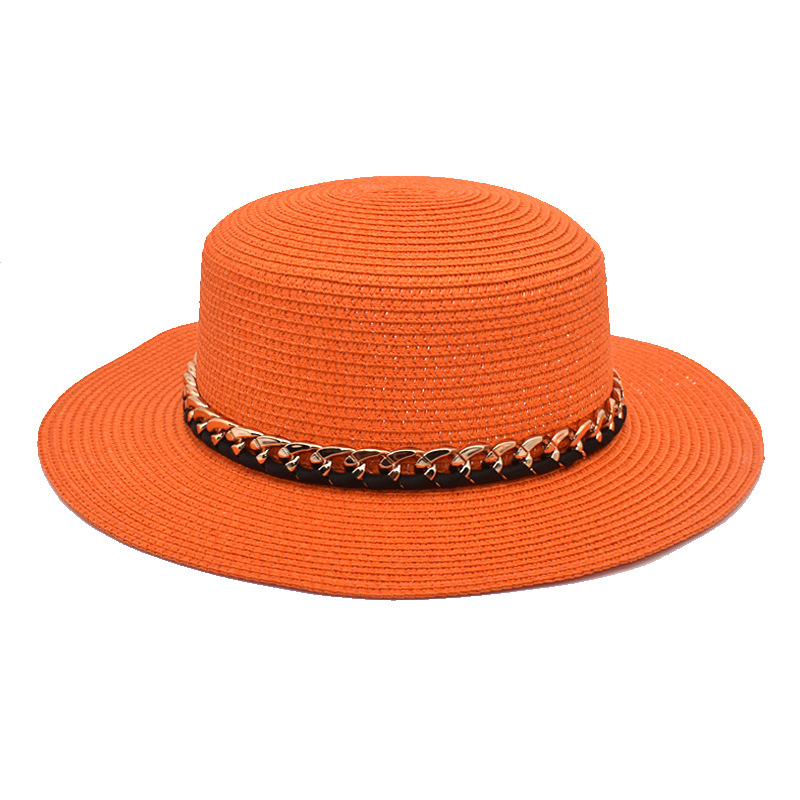 Summer New Chain Flat Straw Hat Women's European and American Outdoor Casual Sun-Proof Hat Stylish Beach Top Hat
