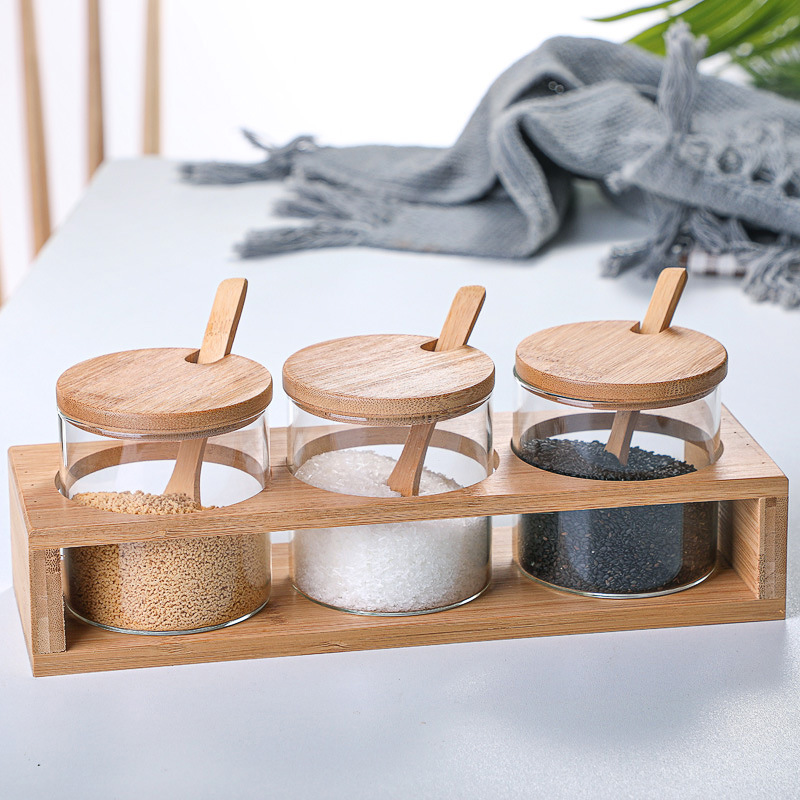 Kitchen Japanese Creative Glass Bamboo Wood Cover Household Seasoning Jar Bottle Seasoning Containers MSG and Salt Shaker Three-Piece Set