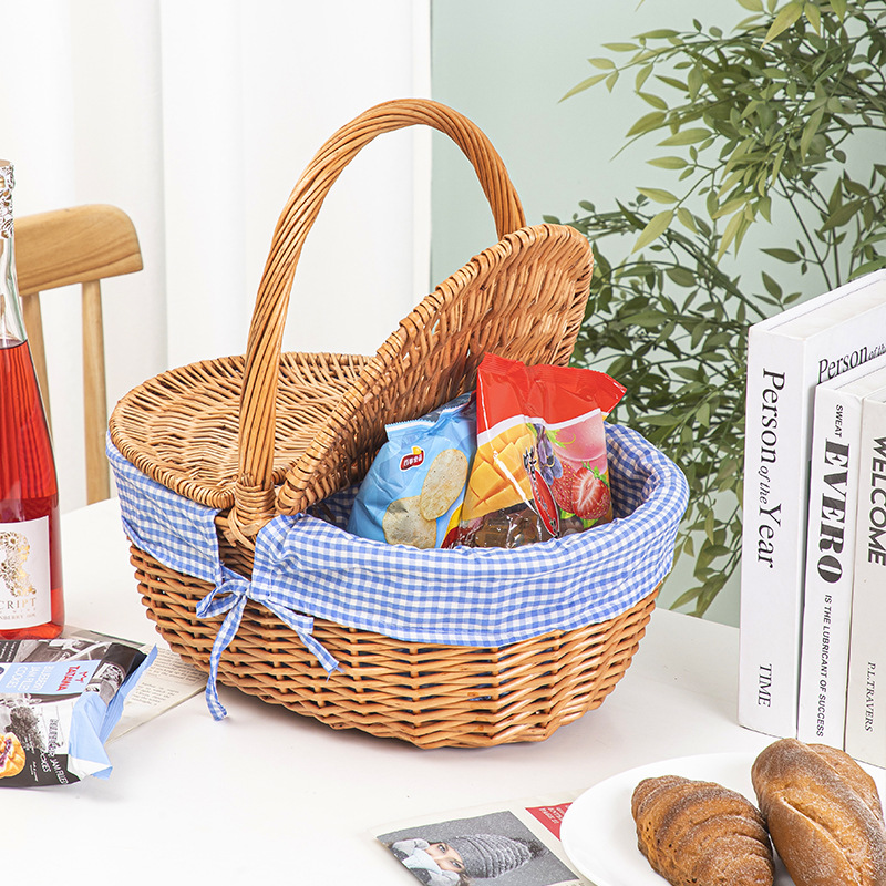 Storage Basket Picnic Basket with Lid Rattan Woven Basket Pastoral Woven Cleaning Basket Gift Fruit Shopping Flower Basket